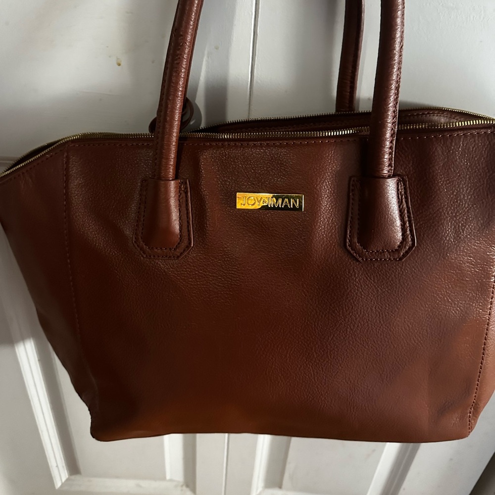 Joy&iman Brown Leather Tote with Gold Accents